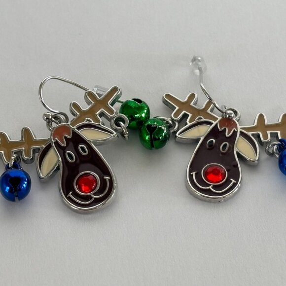 Reindeer Earrings With Jingle Bells Holiday Jewelry Christmas Red Nose Rudolph - Picture 9 of 9
